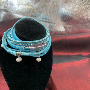 4 Strand Blue Leather Bracelet Pave Stones Pearl